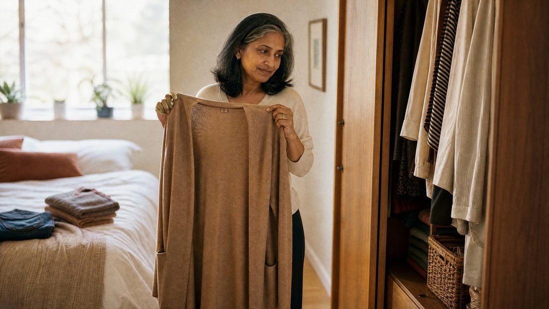 Woman in her late 40s in a bright bedroom holding up a long camel open cardigan beside her wardrobe as she decides what to wear