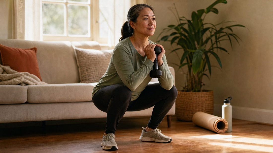 Woman in her 40s doing a goblet squat with a dumbbell in her sunlit living room