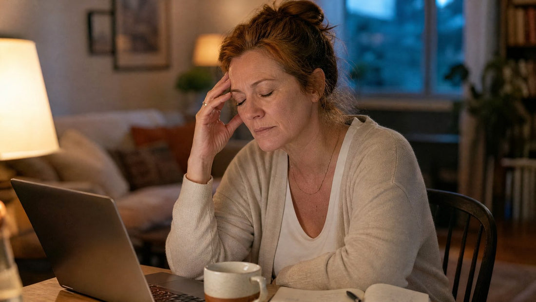 Woman in her late 40s working late at home, pausing with her eyes closed and her fingers on her temple