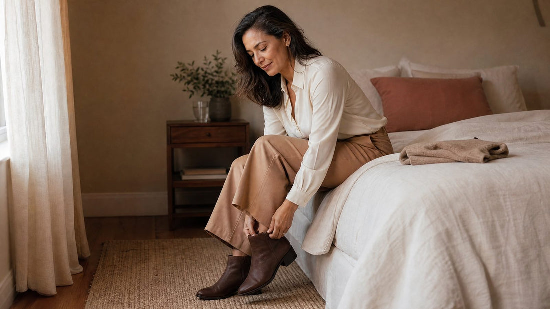 Woman in her mid-40s sitting on the edge of her bed, pulling on ankle boots in a cream blouse and wide-leg trousers, getting dressed comfortably in the morning