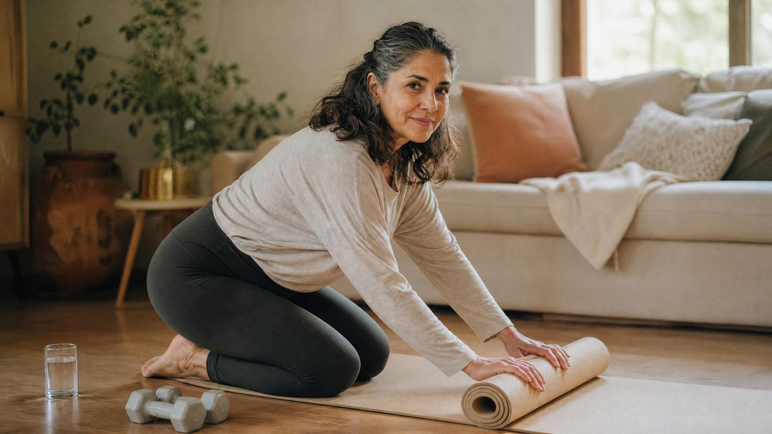 A woman in her late 40s with dark wavy hair and grey strands kneels on a yoga mat in a sunlit living room, rolling it up after a home strength workout, small dumbbells beside her