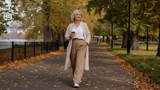 Woman in her early 50s walking in a park in autumn in high-waisted trousers and a tucked-in white shirt