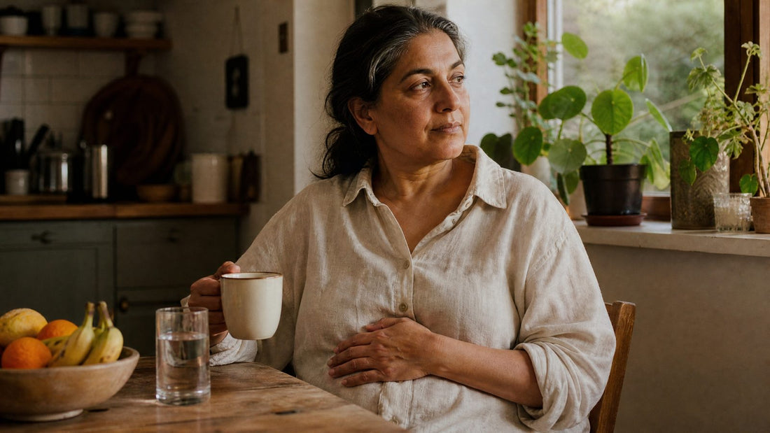 Woman in her mid 40s at her kitchen table with a cup of tea, one hand resting on her bloated stomach
