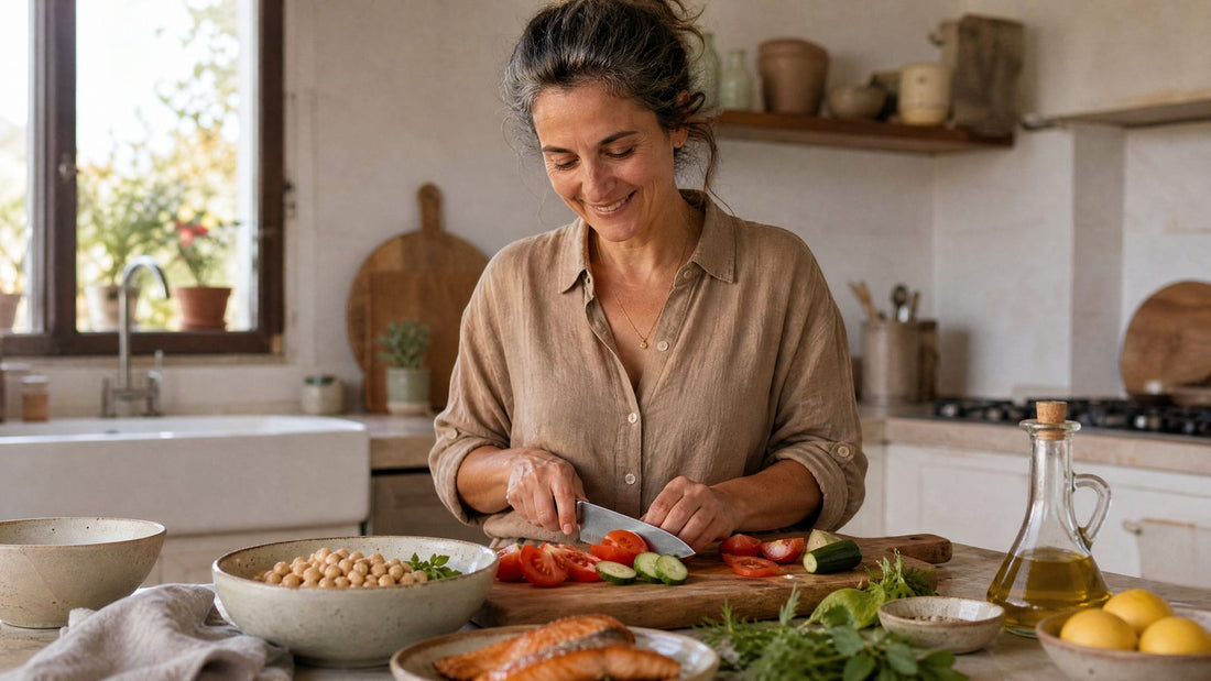 Woman in her late 40s preparing a Mediterranean lunch with chickpeas, salmon, tomatoes and olive oil