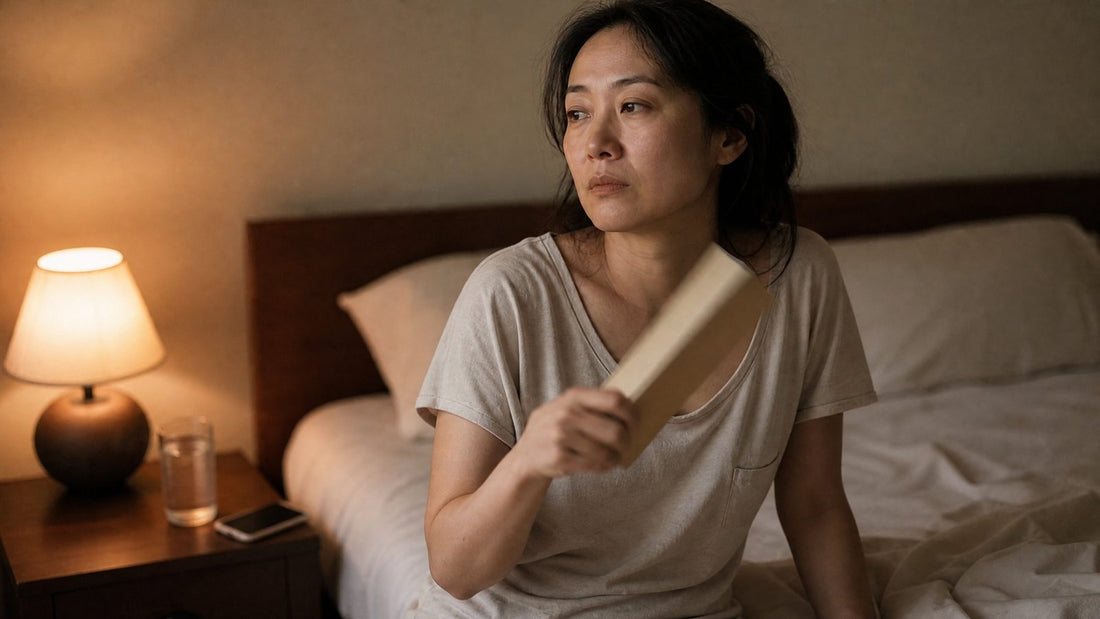 Woman in her mid 40s awake at night on the edge of her bed, fanning herself during a night sweat