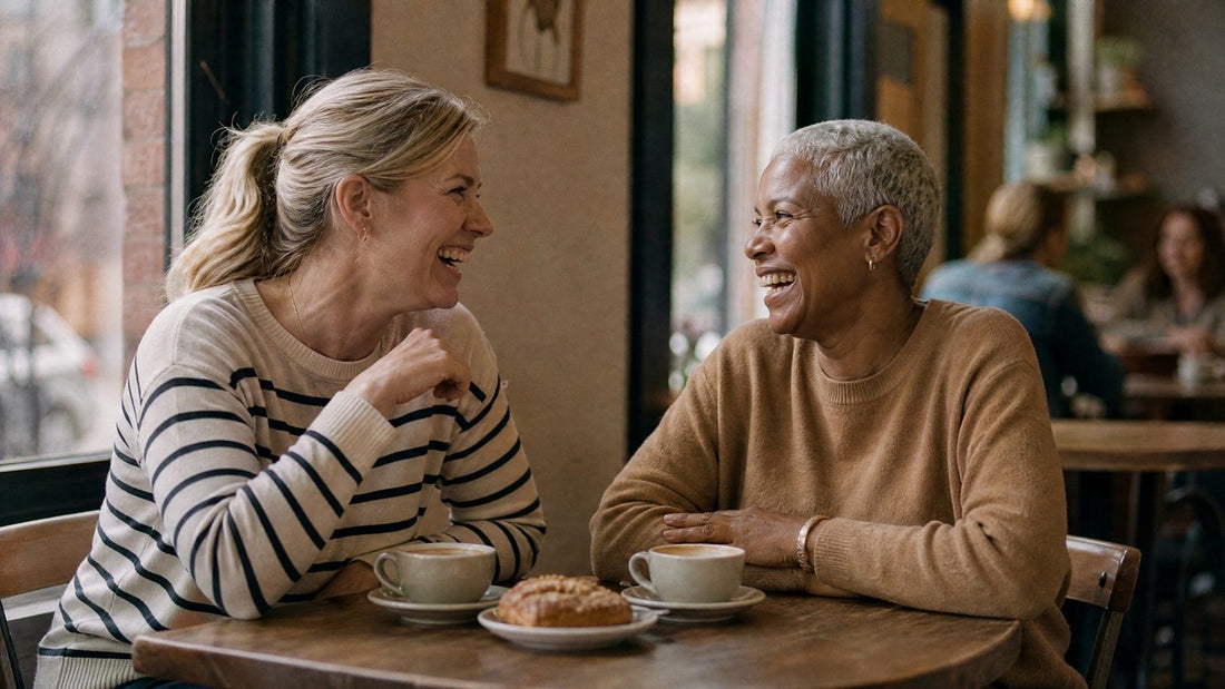 Two women friends in their 40s and 50s laughing together over coffee in a café
