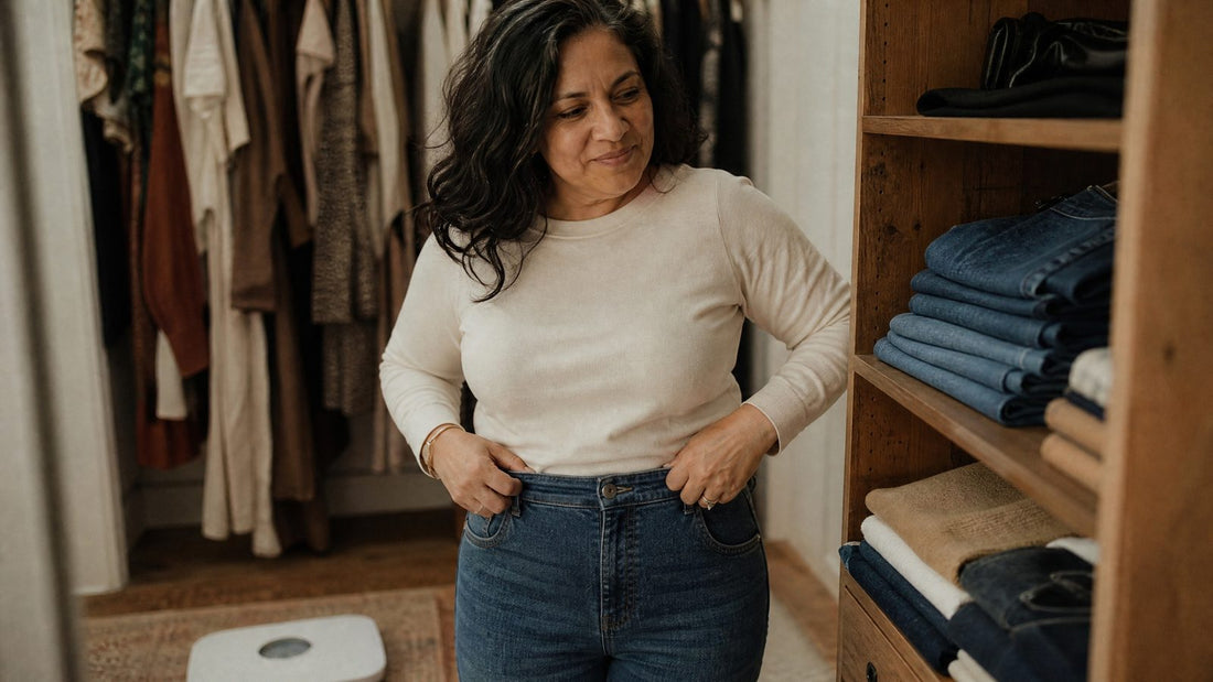 Woman in her mid 40s in her closet checking the waistband of her high-waisted jeans, a bathroom scale on the floor