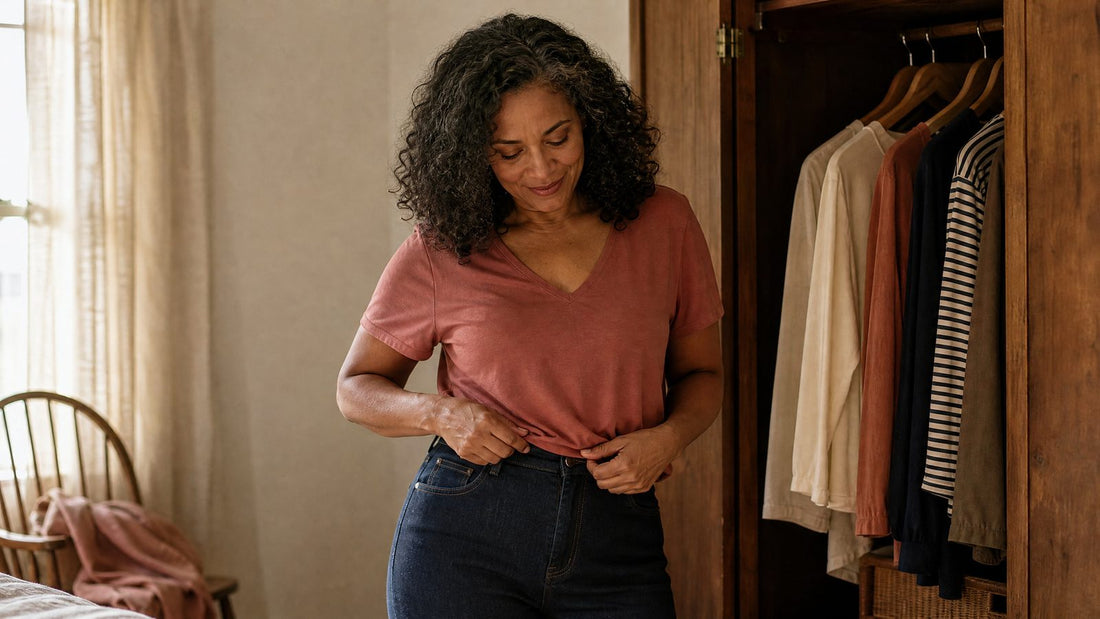 Woman in her late 40s in a bedroom doing a front tuck of a dusty-rose V-neck top into high-waisted dark jeans, beside an open wardrobe of tops