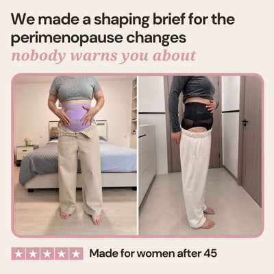 Two women after 45 wearing the Perimenopause Shaping Brief in lilac and black under open trousers, full-length view at home