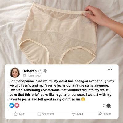 Beige Perimenopause Shaping Brief laid flat on a bed, with a customer comment about her favorite jeans fitting again