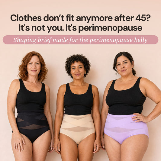 Three women after 45 wearing the shaping brief made for the perimenopause belly, in black, beige and lilac