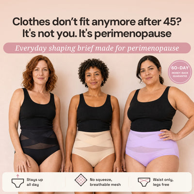 Three women after 45 wearing the Perimenopause Shaping Brief in black, beige and lilac