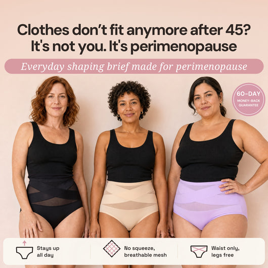 Three women after 45 wearing the Perimenopause Shaping Brief in black, beige and lilac