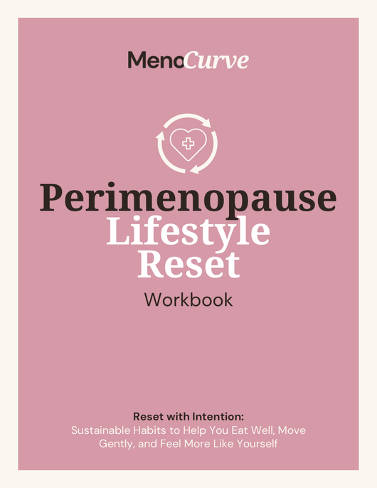 Perimenopause Lifestyle Reset Workbook cover, a 59-page PDF on food, sleep and stress habits by Menocurve