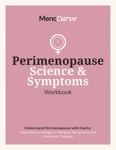 Perimenopause Science and Symptoms Workbook cover, a 64-page PDF symptom workbook by Menocurve