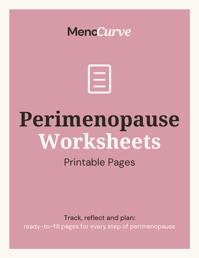 Perimenopause Worksheets cover, 75 printable PDF pages for symptoms and self-care by Menocurve
