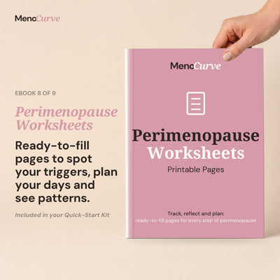 Perimenopause Worksheets cover, printable ebook 8 of 9 in the Perimenopause Quick-Start Kit